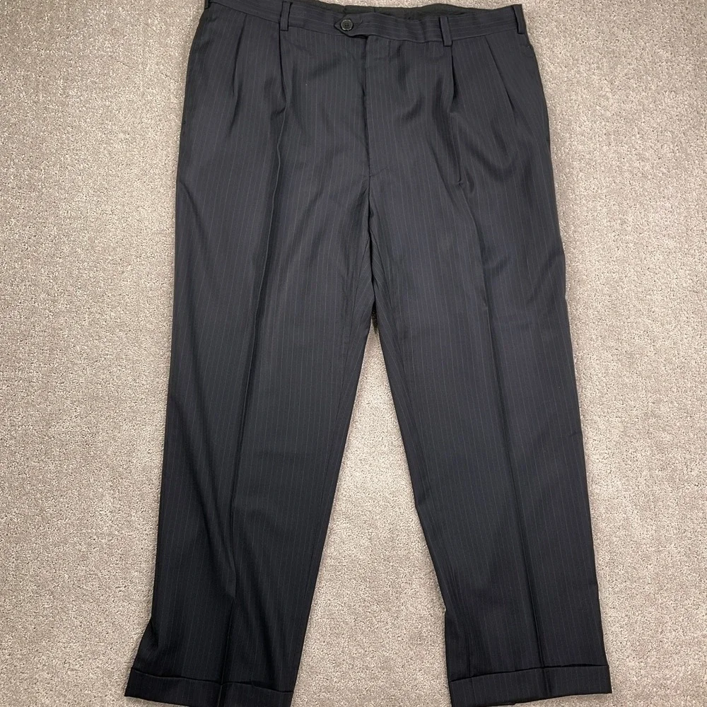 JOS A BANK Signature Suit Mens 46L 40W 29L  Black Purple Pinstripe 2 Button Wool